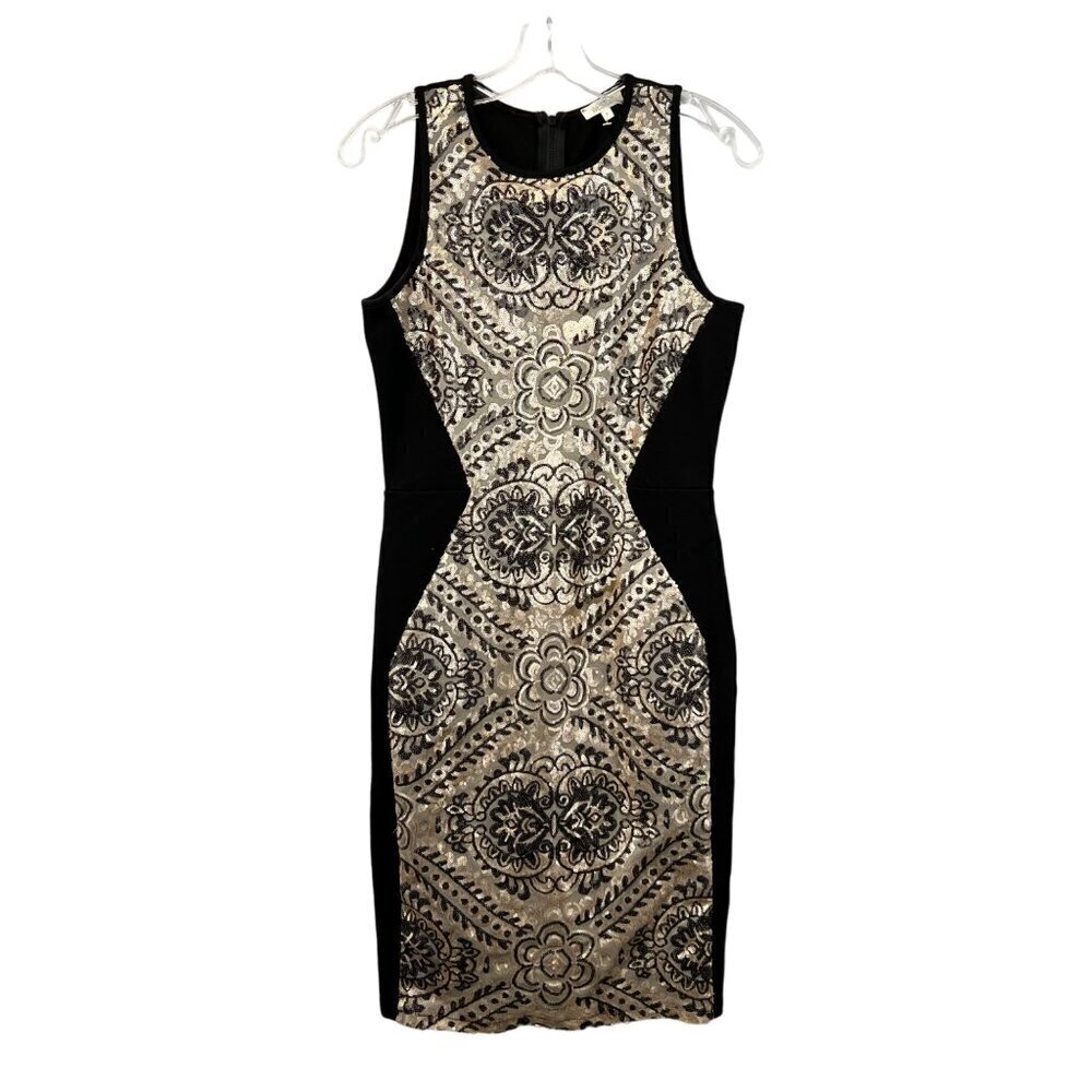 Weston Women’s Sleeveless Fitted Black/Gold Sequin Fitted Midi Dress S